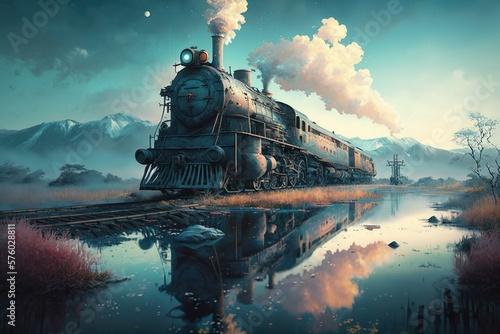 Beautiful Train art with a beautiful background AI Generated Illustration