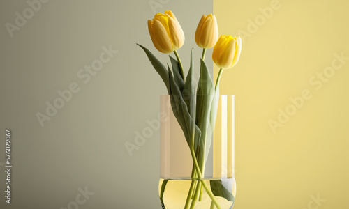 Glass of fresh yellow tulip flowers in vase. Generative AI