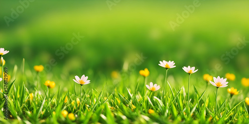 Spring landscape, blossoming field with green grass, white and yellow flowers. Nature illustration. Generative AI