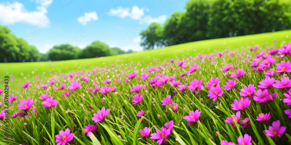 Spring landscape, blossoming field with green grass, pink flowers, blue sky with clouds, forest. Nature illustration. Generative AI