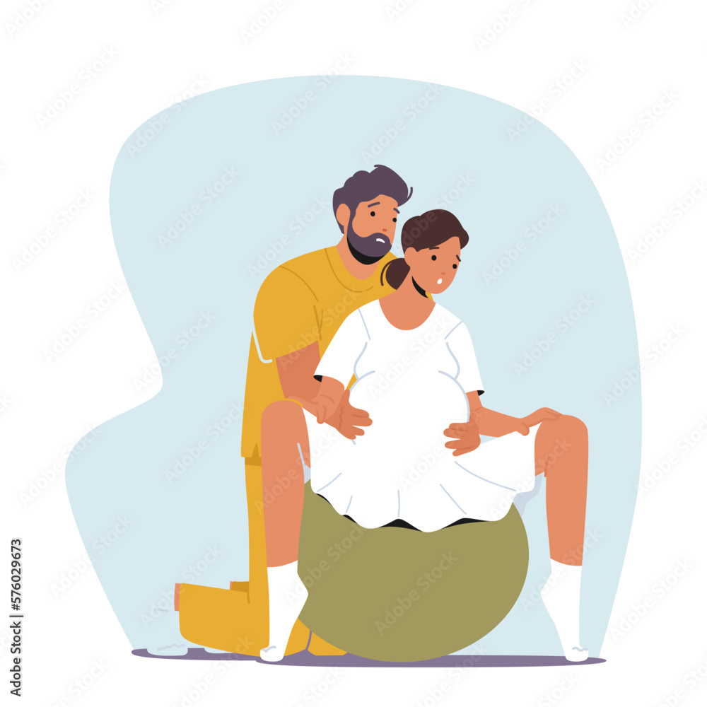 Expecting Couple In Clinic Prepare For Childbirth Using Fitness Ball. Pregnant Woman And Partner Characters