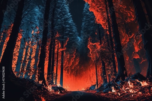 Fire in the forest with burning trees. Burning forest and natural disasters.  Generative AI 