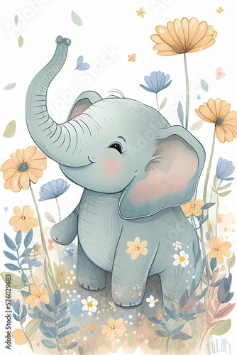 Nursery illustration of an adorable baby elephant