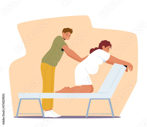 Expectant Couple Characters Preparing For Childbirth In Clinic. Husband Providing Soothing Back Massage To Pregnant Wife
