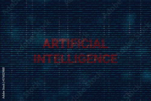 Red artificial intelligence over a binary code textured wallpaper. Blue zero and one texture. Cyber security, data and safety concept.