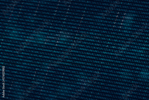 Binary code texture in perspective. Blue wallpaper with bright and dark areas. Encryption and data concept. 