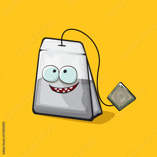 Tea bag character. Cartoon tea bag isolated on orange background. Funky paper tea bag character with eyes and mouth. Vector white teabag clip art, emoji, label and sticker