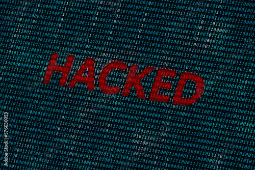 Hacker alert concept. Hacked system software. Red hacker word over a binary code texture in perspective.