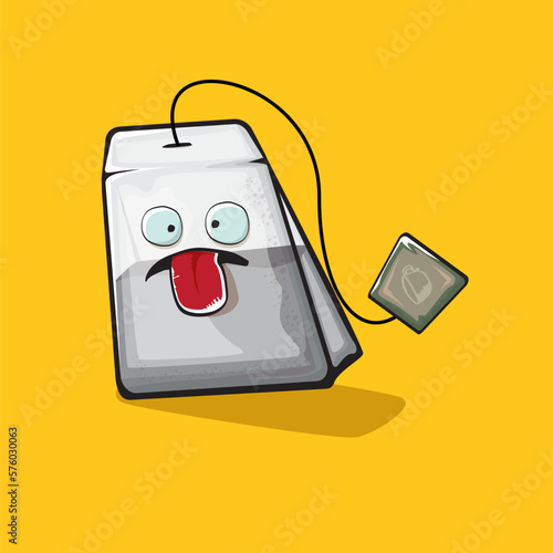 Tea bag character. Cartoon tea bag isolated on orange background. Funky paper tea bag character with eyes and mouth. Vector white teabag clip art, emoji, label and sticker