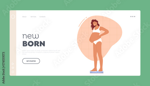 New Born Landing Page Template. Beautiful Pregnant Woman Weighing on Scales Checking If Her Weight Is Under Control