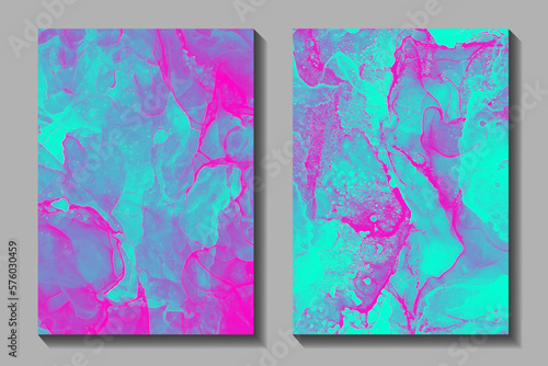 Abstract electric colors grunge vector background for cover design  poster  cover  banner  flyer  card. Multicolor ink texture illustration. Green and pink splashes. Fluid art. Colorful set background