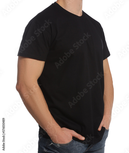Man wearing black t-shirt on white background, closeup. Mockup for design