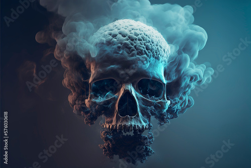 Valokuva Burning skull, smoking skull, skull emerging from smoke, generative ai