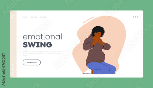 Emotional Swing Landing Page Template. Pregnant Woman Crying Sitting on Floor. Sad Female Character in Vulnerable State
