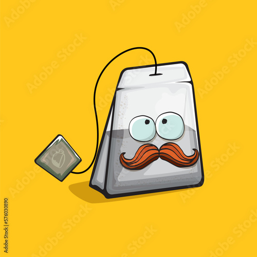 Tea bag character. Cartoon tea bag isolated on orange background. Funky paper tea bag character with eyes and mouth. Vector white teabag clip art, emoji, label and sticker