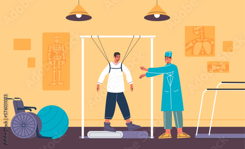 Physiotherapy room. Doctor helps patient recover from injury. Paraplegic man learning to walk again. Medical muscle rehabilitation. Restoring mobility. Treatment workout. Vector concept
