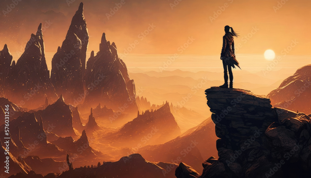 Woman at the top of the mountain and incredible high rocks at sunset. Generative AI