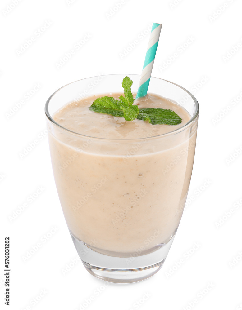 Glass with banana smoothie on white background Glass with banana smoothie on white background
