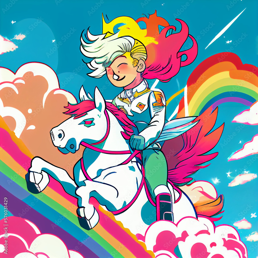 pop art manga character riding a unicorn through a cloud-filled sky with a rainbow in the background generative AI