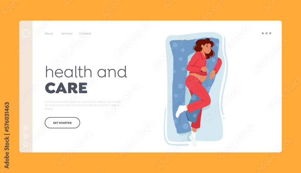 Health and care Landing Page Template. Restful Expectant Mom Sleeping With Special Pregnancy Pillow Vector Illustration Health and care Landing Page Template. Restful Expectant Mom Sleeping With Special Pregnancy Pillow Vector Illustration