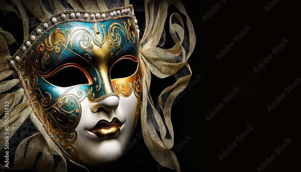 Venetian masquerade carnival mask on black background with copy space. Based on Generative AI