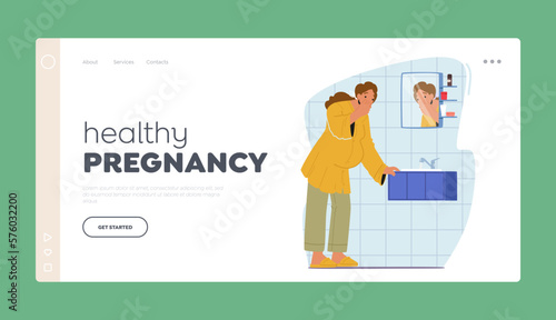Healthy Pregnancy Landing Page Template. Pregnant Woman Experiencing Nausea and Intense Feeling Of Discomfort