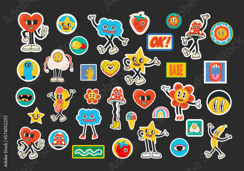 70's groovy illustrations for poster, sticker. Retro print with hippie cute crazy characters. Funky character concepts of crazy stars, dripping emoticon. Only good vibes sentence