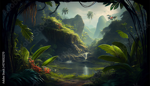 Deep tropical forest in dazzling tropical forest with sunshine and beautiful lake or river. one with nature in the forest, high rocky cliffs. generative ai.