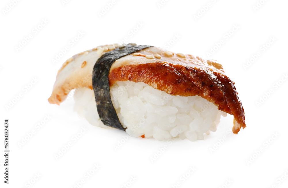 Delicious nigiri sushi with smoked eel isolated on white Delicious nigiri sushi with smoked eel isolated on white