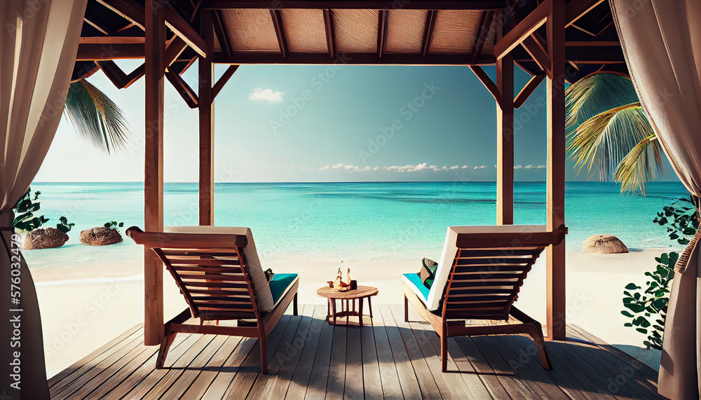 Tropical beach, with a private cabana and lounge chairs overlooking the sea