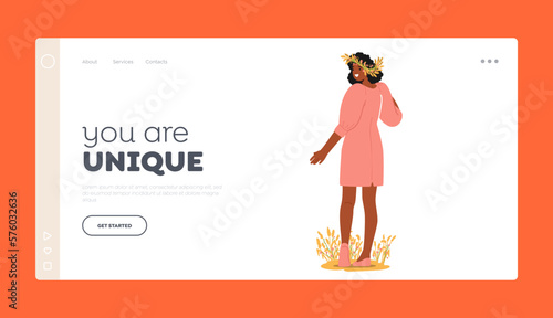 Young Woman With Flower Crown Landing Page Template. Concept For Beauty, Unique Fashion or Designs