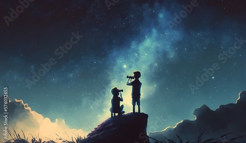 night scene of two brothers outdoors, llittle boy looking through a telescope at stars in the sky, digital art style, illustration painting, Generative AI