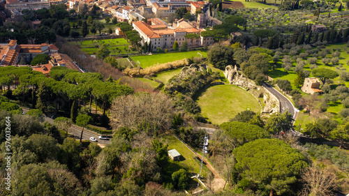 Aerial view of the Severian amphitheater, dating back to ancient Rome, and now located in the center of Albano Laziale in the province of Rome, Lazio. It was built by the emperor Septimius Severus.