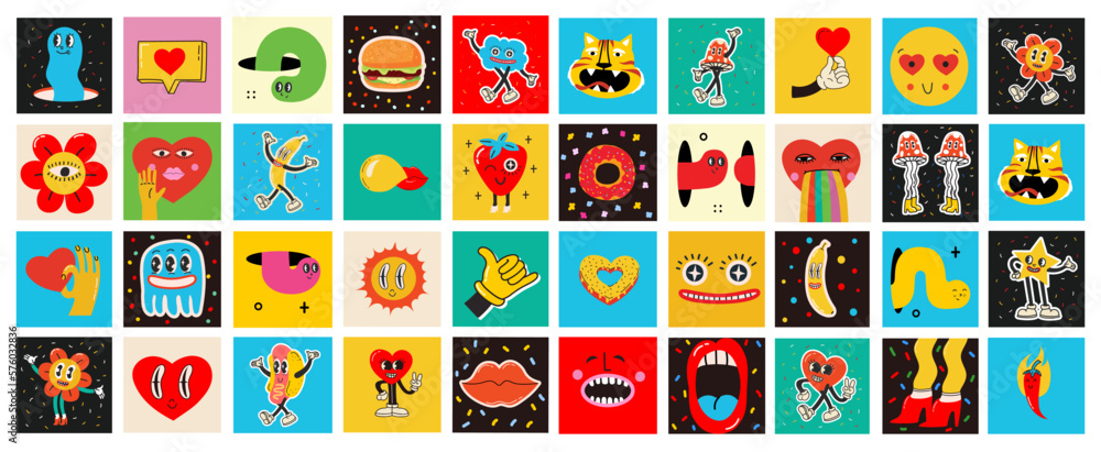 70's groovy square posters, cards or stickers. Retro print with hippie cute colorful funky character concepts of crazy geometric, dripping emoticon. Only good vibes sentence 70's groovy square posters, cards or stickers. Retro print with hippie cute colorful funky character concepts of crazy geometric, dripping emoticon. Only good vibes sentence