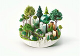 Isometric platform with sustainable city with trees isolated on white background, copy space for text. 3d render illustration. Generative AI art.