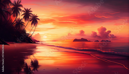 tropical beach at sunrise  with the calm sea reflecting the warm orange and pink hues of the sky.