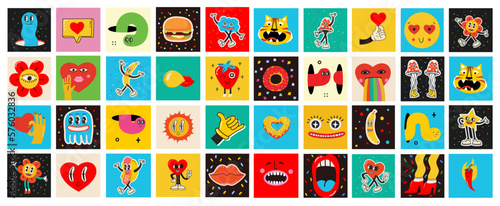 70's groovy square posters, cards or stickers. Retro print with hippie cute colorful funky character concepts of crazy geometric, dripping emoticon. Only good vibes sentence