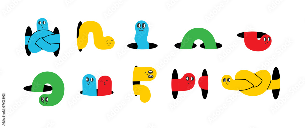Naklejka premium Geometric cute color worms coming, flying, jumping, looking through and out of holes. Happy enthusiastic lively characters. Search, explore concept. Graphic vector illustration
