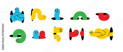 Geometric cute color worms coming, flying, jumping, looking through and out of holes. Happy enthusiastic lively characters. Search, explore concept. Graphic vector illustration