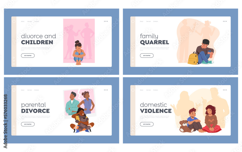 Divorce, Family in Trouble, Conflict Landing Page Template Set. Young Child Tears Flow As Parents Relationship Crumbles Divorce, Family in Trouble, Conflict Landing Page Template Set. Young Child Tears Flow As Parents Relationship Crumbles