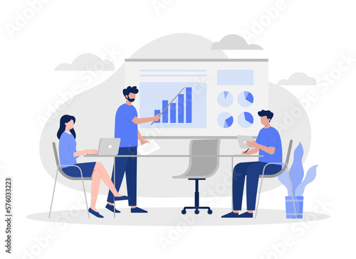 Man coach explaining statistics to businessmen. graph, company, business and marketing. Modern vector flat illustration.
