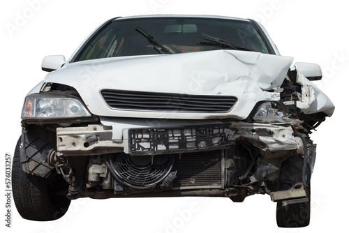 Car destroyed isolated on white background, copy space. Banner. Front car after collision.