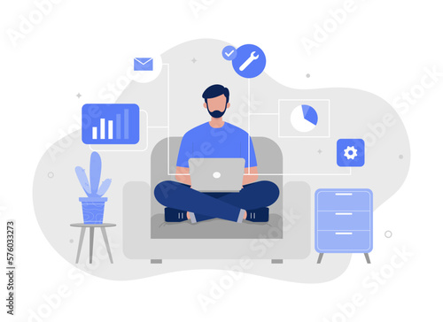 A man sitting on sofa and working from home illustration. cartoon businessman chatting with colleagues online via laptop computer. Modern vector flat illustration.