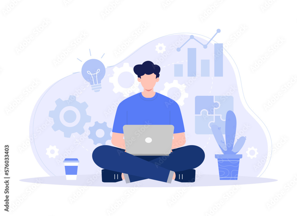 Freelancer man with computer at home. sitting young man and using laptop. distance work, online learning. Modern vector flat illustration Freelancer man with computer at home. sitting young man and using laptop. distance work, online learning. Modern vector flat illustration