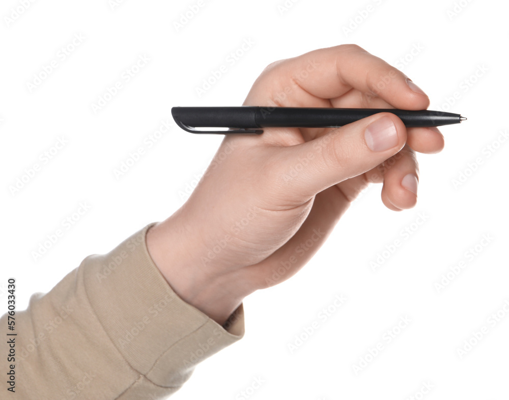 Man holding pen on white background, closeup of hand Man holding pen on white background, closeup of hand