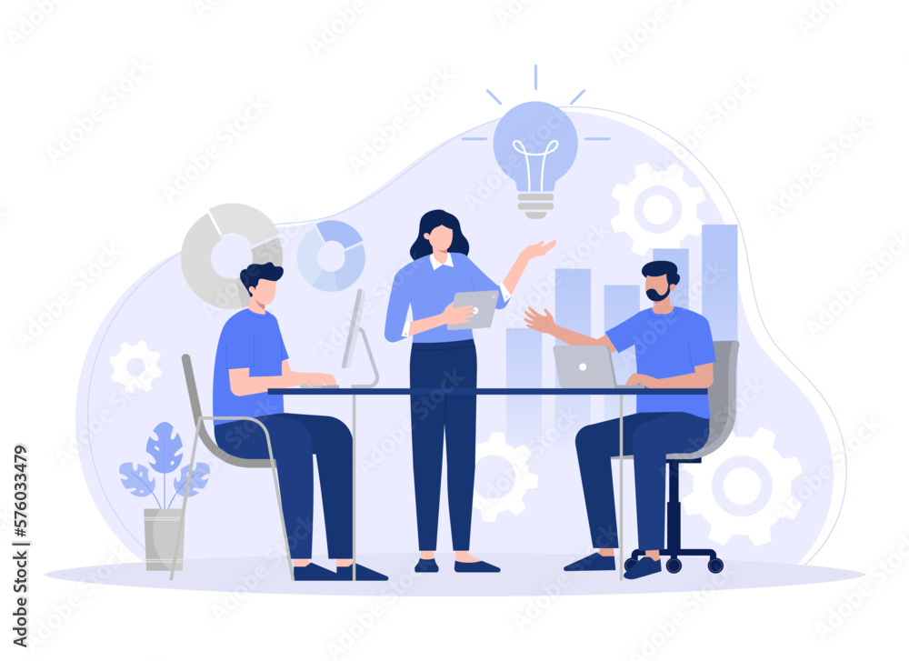 Workers are sitting at the negotiating table, collective thinking and brainstorming, company information analytics. Modern vector flat illustration Workers are sitting at the negotiating table, collective thinking and brainstorming, company information analytics. Modern vector flat illustration