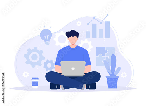 Freelancer man with computer at home. sitting young man and using laptop. distance work, online learning. Modern vector flat illustration