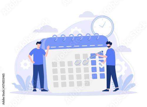A man marking deadline day. employee with pencil appointing date of event in calendar, schedule, agenda, time management. Modern vector flat illustration