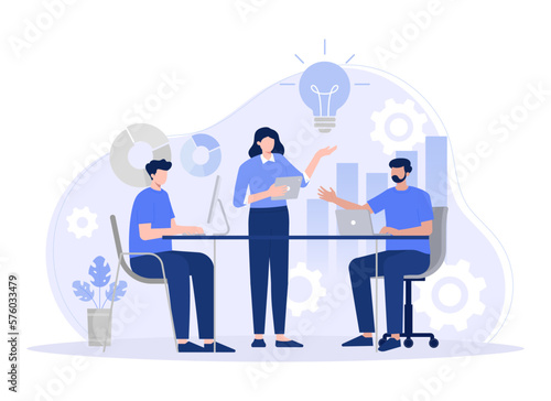 Workers are sitting at the negotiating table, collective thinking and brainstorming, company information analytics. Modern vector flat illustration