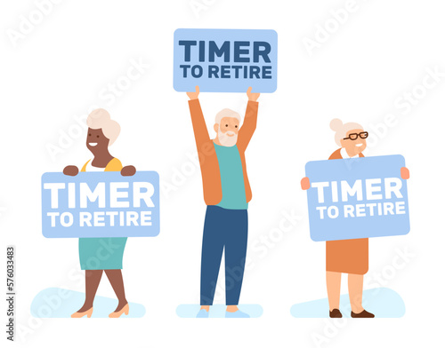 Seniors demonstration. Poster in hands of old men with text Timer to retirement. Elderly people protest. Grandparents showing banners. Retired persons with boards. Vector protesters set